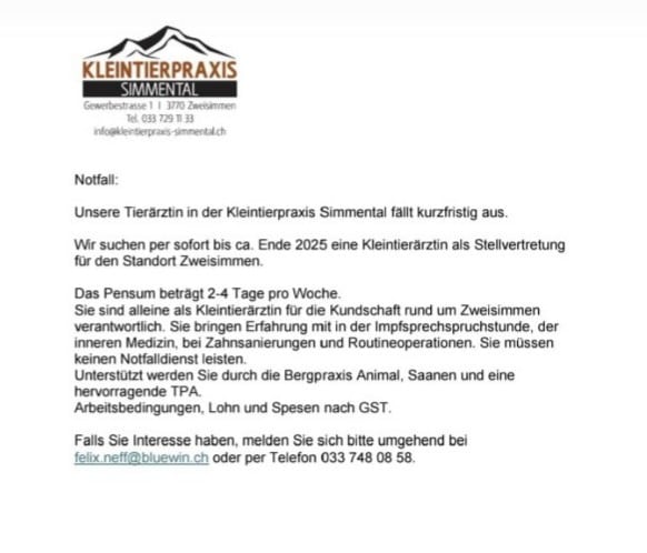 dringen Kleintierarzt/Tierärztin als Aushilfe gesucht